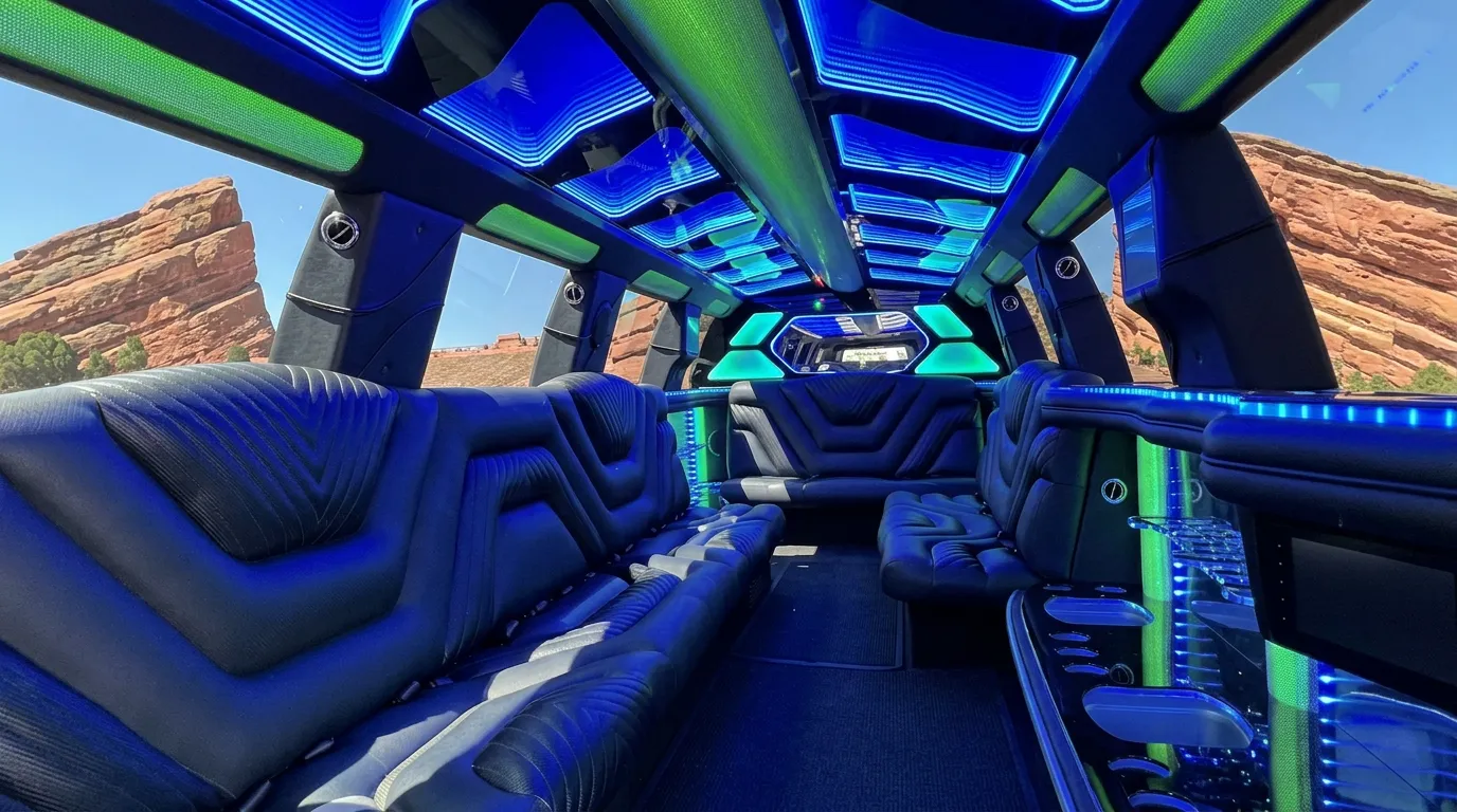 Inside the Chevy Suburban limo in Johnstown: LED light-show ceiling, leather lounge seating and lit bar