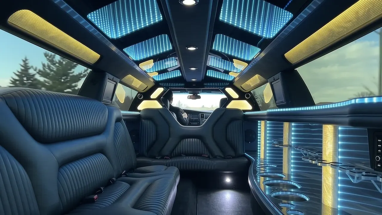 Inside the Dodge Charger limo in Johnstown: LED light-show ceiling, leather lounge seating and lit bar