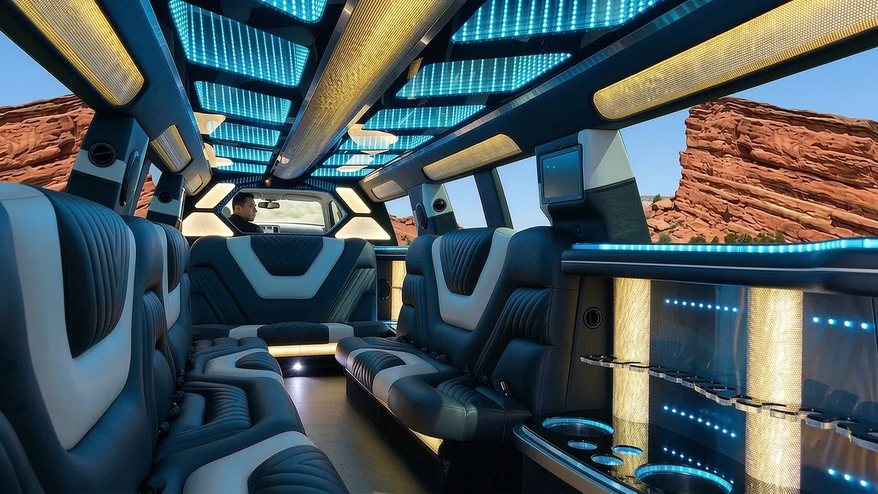 Inside the Mercedes GLS limo in Johnstown: LED light-show ceiling, leather lounge seating and lit bar